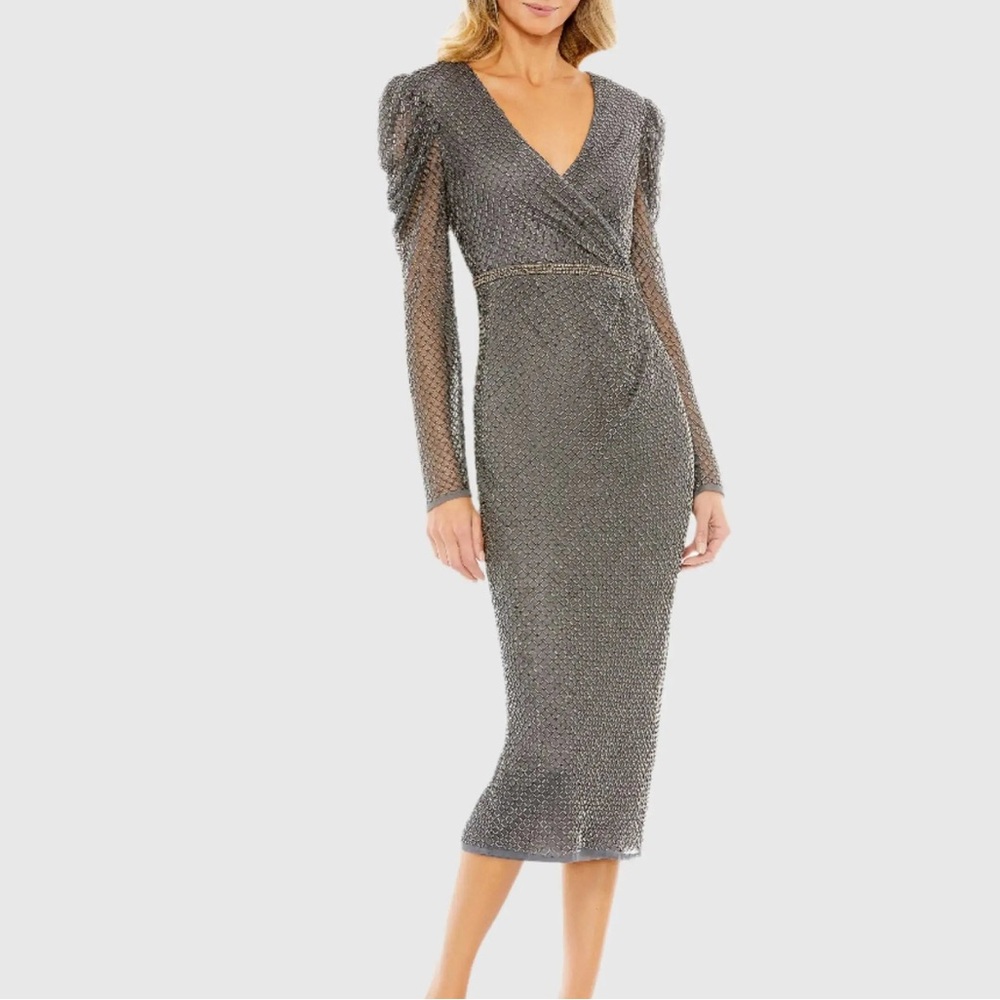 NWT Mac Duggal Gray Beaded Wrap Over Puff Sleeve Midi Dress Size 16
